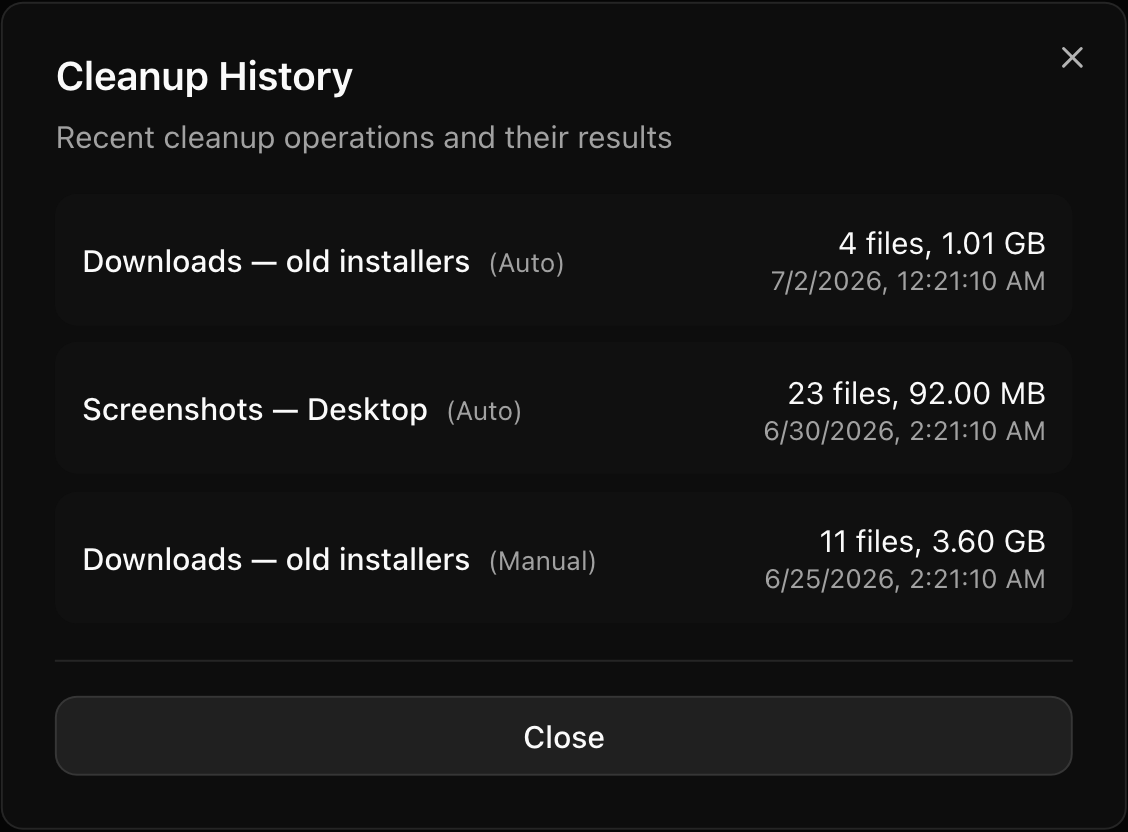 Cleanup history — each run with files deleted and space freed
