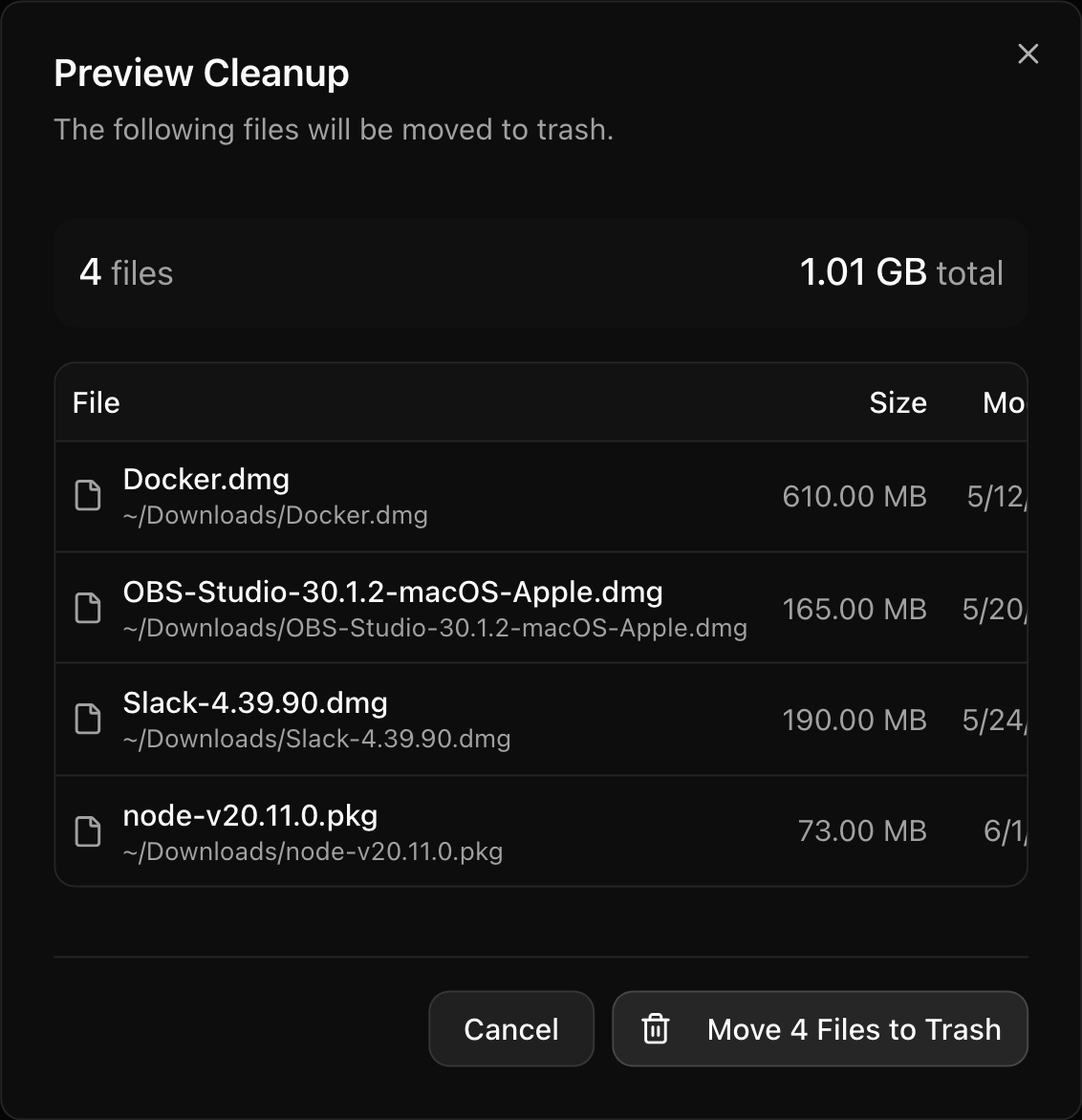 Preview Cleanup dialog listing the exact files that will be moved to the Trash, with sizes and total