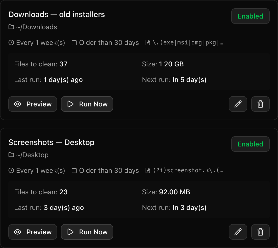 Two cleanup rule cards — schedules, age filters, file patterns, and live folder stats