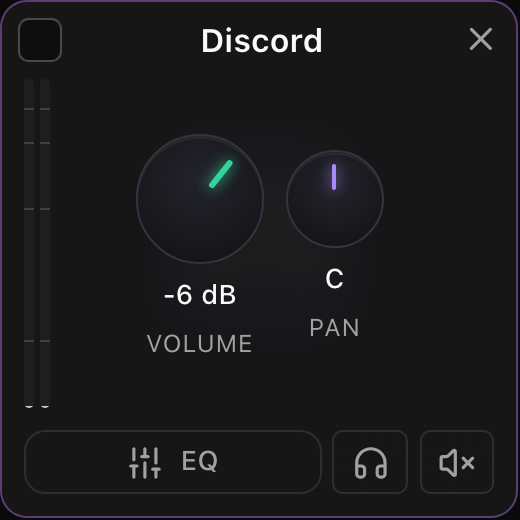 An app card on hover, revealing its volume and pan controls