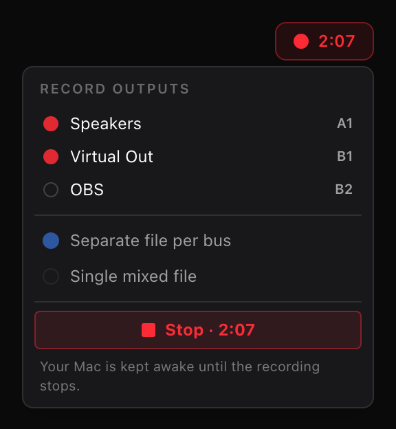 Recording in progress — red pulsing indicator with elapsed time