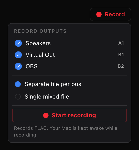 Record dropdown open, choosing which output buses to capture