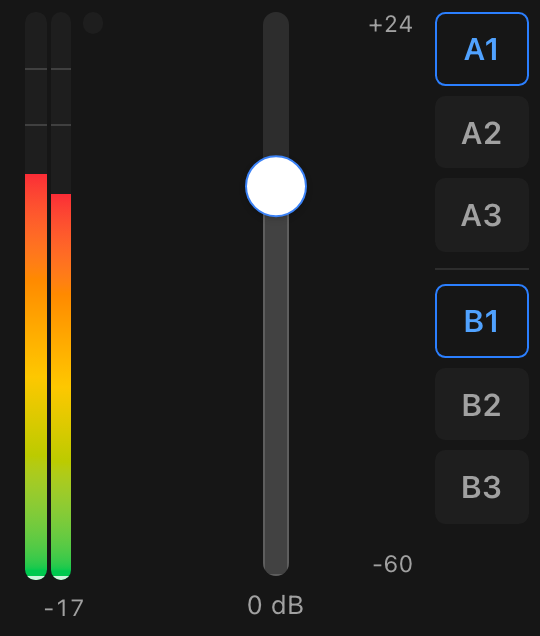 Close-up of a strip fader with its A1/B1 bus routing buttons
