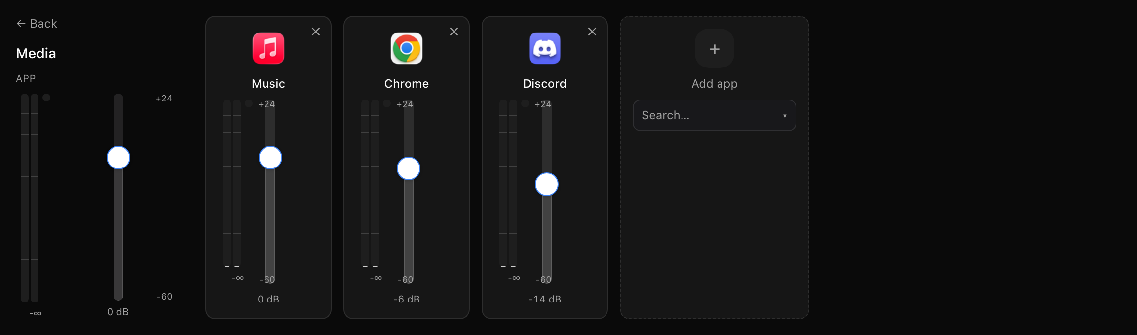 Sub-mixer with independent per-app faders inside a group