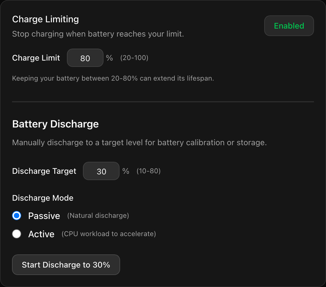 Charge limiting toggle, limit input, and manual discharge controls